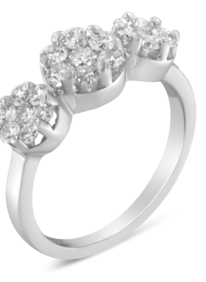 14K White Gold 1-1/4 Cttw Brilliant Cut Diamond Three Round Floral Clusters Engagement or Fashion Ring (H-I Color, SI2-I1 Clarity) - Image 3