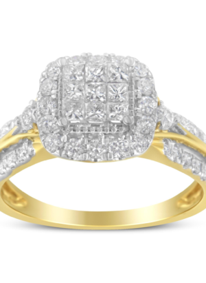 10K Yellow Gold 1.0 Cttw Diamond Composite Cushion-Shape Halo 3-Band-Look Engagement Ring (H-I Color, SI1-SI2 Clarity) - Image 3
