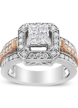 14K White and Rose Gold 1 1/8 Cttw Princess and Round-Cut Diamond Art Deco Style Triple Shank Halo Cocktail Ring (I-J Color, SI2-I1 Clarity) - Image 1