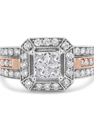 14K White and Rose Gold 1 1/8 Cttw Princess and Round-Cut Diamond Art Deco Style Triple Shank Halo Cocktail Ring (I-J Color, SI2-I1 Clarity) - Image 2
