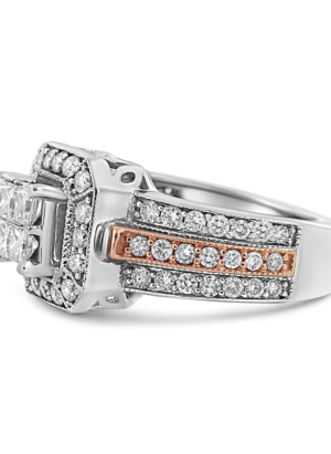 14K White and Rose Gold 1 1/8 Cttw Princess and Round-Cut Diamond Art Deco Style Triple Shank Halo Cocktail Ring (I-J Color, SI2-I1 Clarity) - Image 3