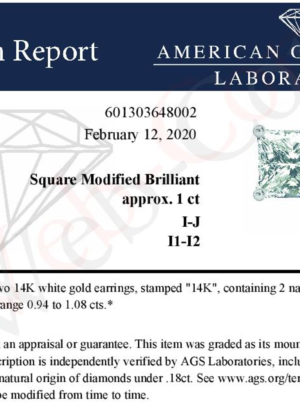 AGS Certified Princess-Cut Square Diamond 4-Prong Solitaire Stud Earrings in 14K Gold (J-K Color, I1-I2 Clarity) - Image 8