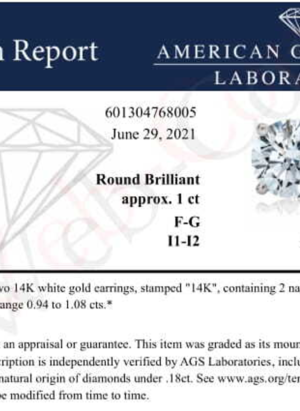 AGS Certified 14K White Gold 1.0 cttw 4-Prong Set Brilliant Round-Cut Solitaire Diamond Push Back Stud Earrings (F-G Color, I1-I2 Clarity) - Image 4