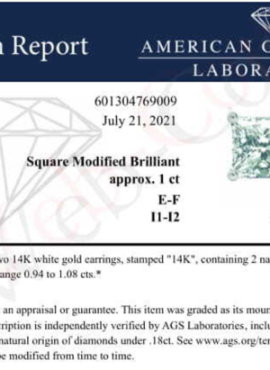 AGS Certified 14k White Gold 1.0 Cttw 4-Prong Set Princess-Cut Solitaire Diamond Push Back Stud Earrings for Women (E-F Color, I1-I2 Clarity) - Image 4