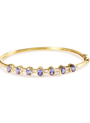 14K Yellow Gold Alternating Bezel Set 5MM Oval Shaped Tanzanite and 1/5 Cttw Diamond Bangle Bracelet (H-I Color, VS2-SI1 Clarity) - Fit's wrists up to 7.25" Inches - Image 1