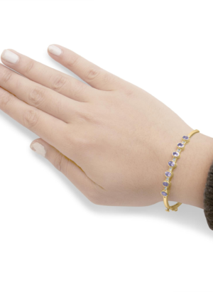 14K Yellow Gold Alternating Bezel Set 5MM Oval Shaped Tanzanite and 1/5 Cttw Diamond Bangle Bracelet (H-I Color, VS2-SI1 Clarity) - Fit's wrists up to 7.25" Inches - Image 4