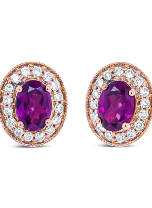 14K Rose Gold 7x5mm Oval Cut Garnet and 3/8 Cttw Round Diamond Halo Stud Earrings (G-H Color, SI1-SI2 Clarity) - Image 1