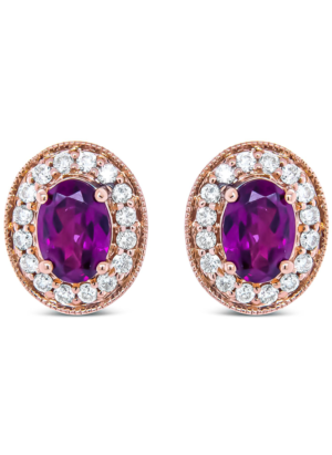 14K Rose Gold 7x5mm Oval Cut Garnet and 3/8 Cttw Round Diamond Halo Stud Earrings (G-H Color, SI1-SI2 Clarity) - Image 2