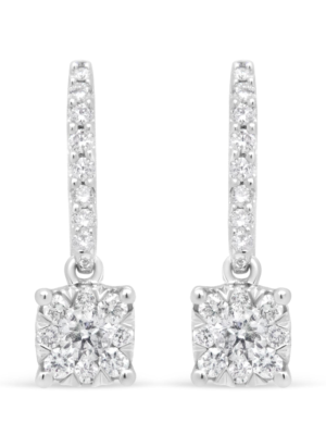 14K White 1/2 Cttw Round Diamond Halo Dangle Hook Earring - (H-I Color, SI2-I1 Clarity) - Image 2