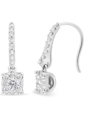 14K White 1/2 Cttw Round Diamond Halo Dangle Hook Earring - (H-I Color, SI2-I1 Clarity) - Image 3