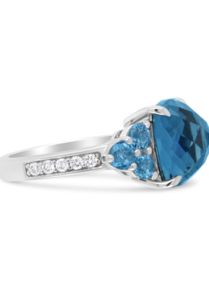 18K White Gold 10mm Cushion Shaped Blue Topaz and 1/6 Cttw Diamond 3 Stone Style Ring (F-G Color, VS1-VS2 Clarity) - Image 3