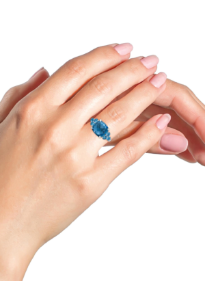 18K White Gold 10mm Cushion Shaped Blue Topaz and 1/6 Cttw Diamond 3 Stone Style Ring (F-G Color, VS1-VS2 Clarity) - Image 5