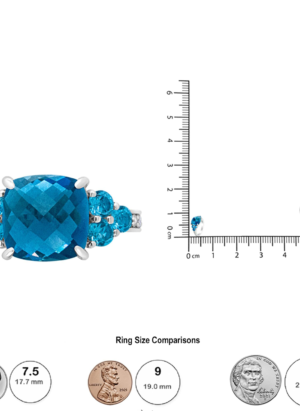 18K White Gold 10mm Cushion Shaped Blue Topaz and 1/6 Cttw Diamond 3 Stone Style Ring (F-G Color, VS1-VS2 Clarity) - Image 6