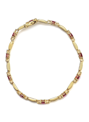 10K Yellow Gold Oval Ruby and 1/10 Cttw Diamond Bar Prong Set Bracelet (H-I Color, SI1-SI2 Clarity)  - Size 7" - Image 3