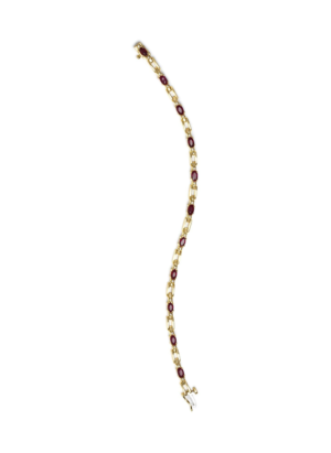 10K Yellow Gold Oval Ruby and 1/10 Cttw Diamond Bar Prong Set Bracelet (H-I Color, SI1-SI2 Clarity)  - Size 7" - Image 4