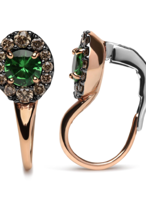 18K Rose and White Gold 3/8 Cttw Round Brown Diamonds and Round Green Tsavorite Gemstone Halo Drop Hoop Earrings (Brown Color, SI1-SI2 Clarity) - Image 3