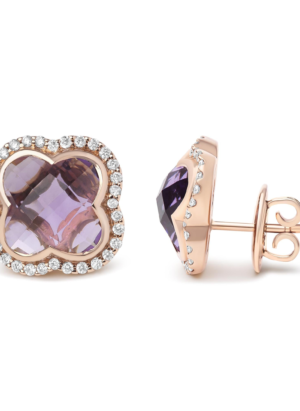 18K Rose Gold 3/8 Cttw Diamond and 11x11mm Clover-Cut Purple Amethyst Gemstone Clover Halo Stud Earrings (G-H Color, SI1-SI2 Clarity) - Image 3