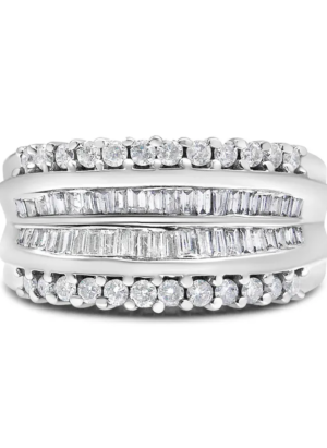 14K White Gold 1.00 Cttw Round and Baguette-Cut Diamond Modern Band Ring (H-I Color, SI2-I1 Clarity) - Image 1