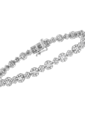 10K White Gold 4.0 cttw Brilliant Round-cut and Baguette Diamond Floral Cluster Link Bracelet (I-J Clarity, I1-I2 Color) - Size 7" - Image 3