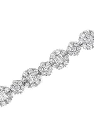 10K White Gold 4.0 cttw Brilliant Round-cut and Baguette Diamond Floral Cluster Link Bracelet (I-J Clarity, I1-I2 Color) - Size 7" - Image 4