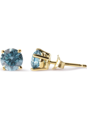 14K Yellow Gold 1.0 Cttw Treated Aqua Blue Diamond Classic Solitaire Stud Earrings (Aqua Blue Color, I2-I3 Clarity) - Image 3