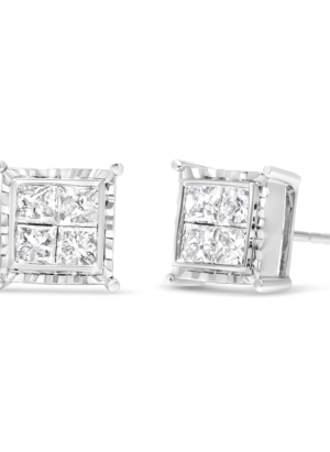 14K White Gold 1 1/2 Cttw Invisible Set Princess-Cut Diamond Contemporary Wavy Quad Stud Earrings (I-J Color, I1-I2 Clarity) - Image 1