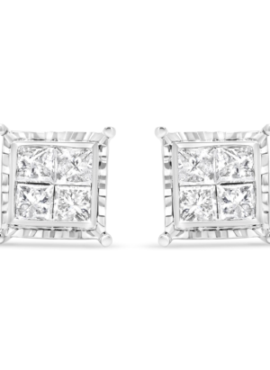 14K White Gold 1 1/2 Cttw Invisible Set Princess-Cut Diamond Contemporary Wavy Quad Stud Earrings (I-J Color, I1-I2 Clarity) - Image 2