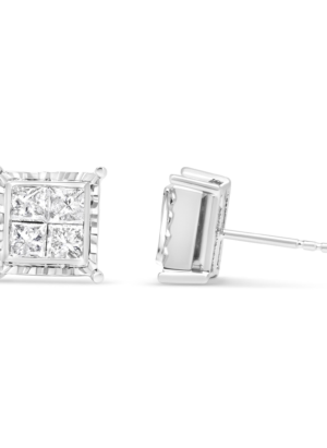 14K White Gold 1 1/2 Cttw Invisible Set Princess-Cut Diamond Contemporary Wavy Quad Stud Earrings (I-J Color, I1-I2 Clarity) - Image 3