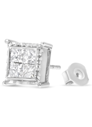 14K White Gold 1 1/2 Cttw Invisible Set Princess-Cut Diamond Contemporary Wavy Quad Stud Earrings (I-J Color, I1-I2 Clarity) - Image 4