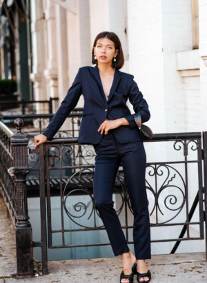 Navy Peak-Lapels Single-Breasted Blazer - Image 3